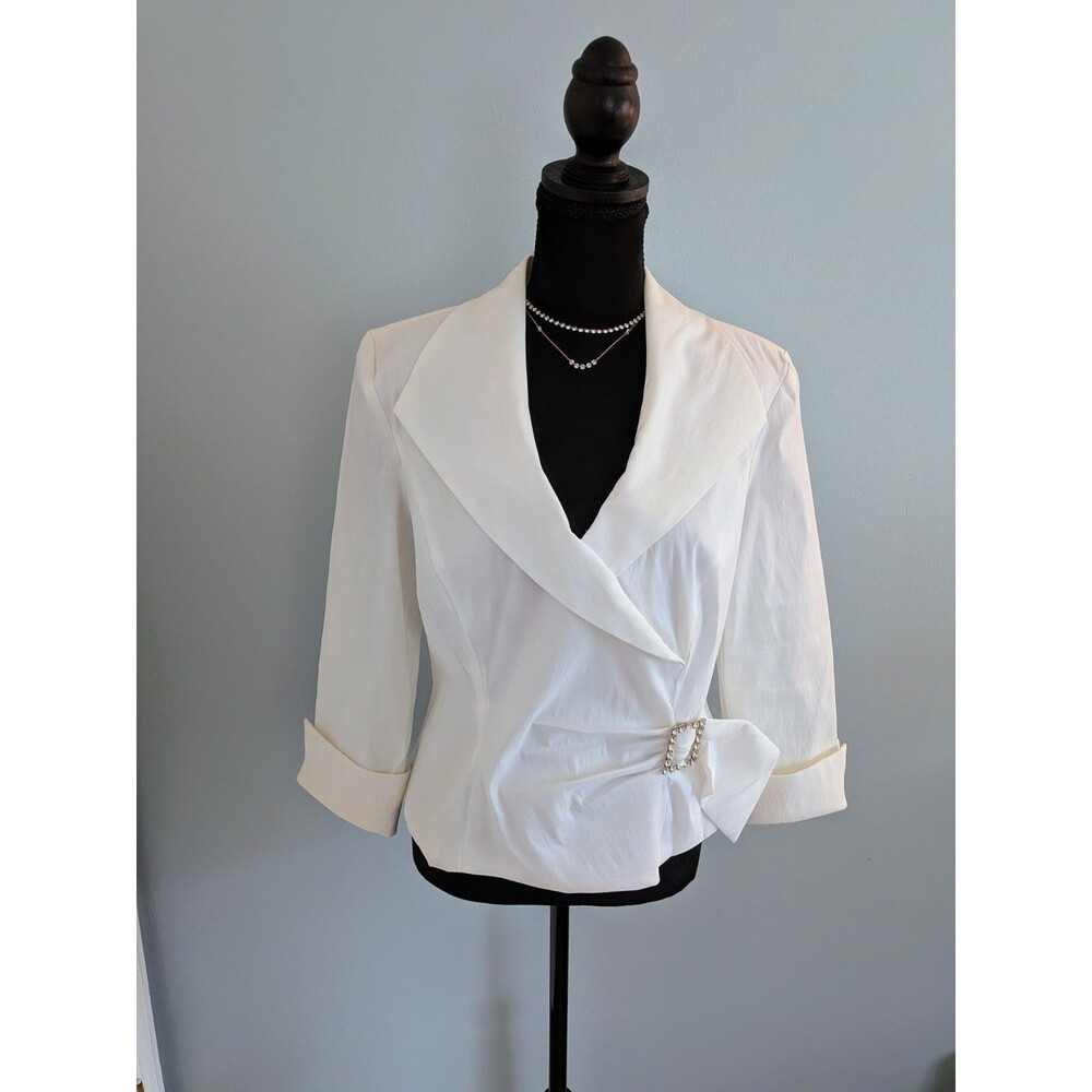 J.R. Nites By Caliendo Jacket Womens 14 Y2K White Taffeta Blazer Rhinestone Glam